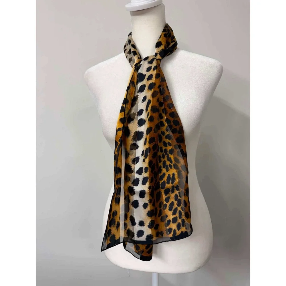 Vtg Jones New York Leopard Scarf Gold Metallic Stripe Animal Brown Black 52x10